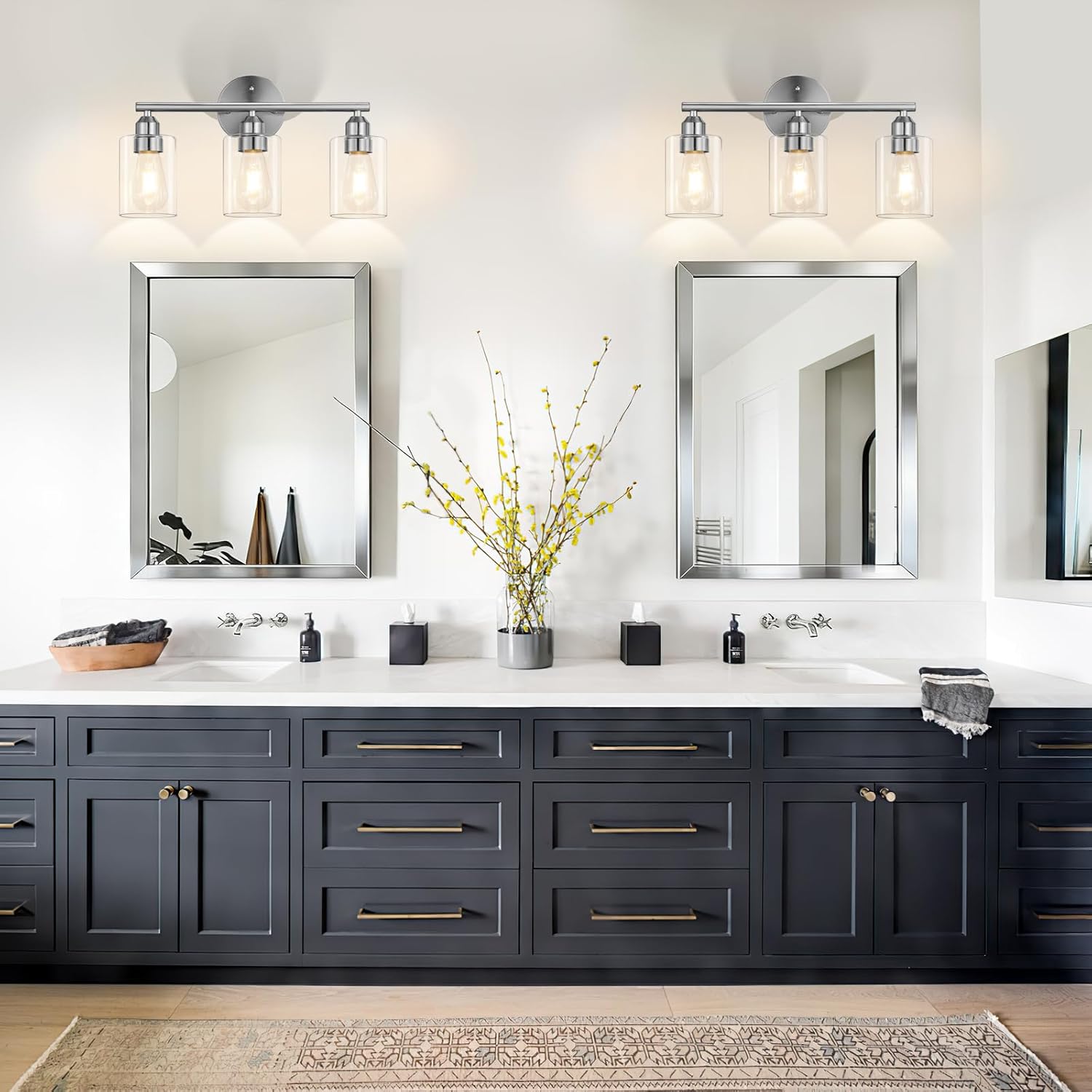 3-Light Bathroom Vanity Light Fixture, Modern Wall Lamp for Mirror with Clear Glass Shade, Silver Finish