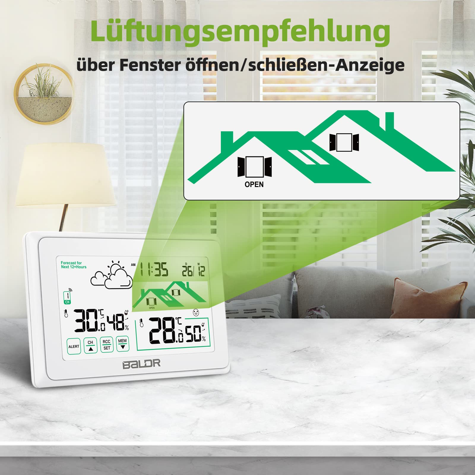 BALDR Meteo Station für den Innenbereich, kabellos, Umerische Uhr, DCF, Innen-Thermometer, mit Wettervorhersage für Belüftung und Hintergrundbeleuchtung
