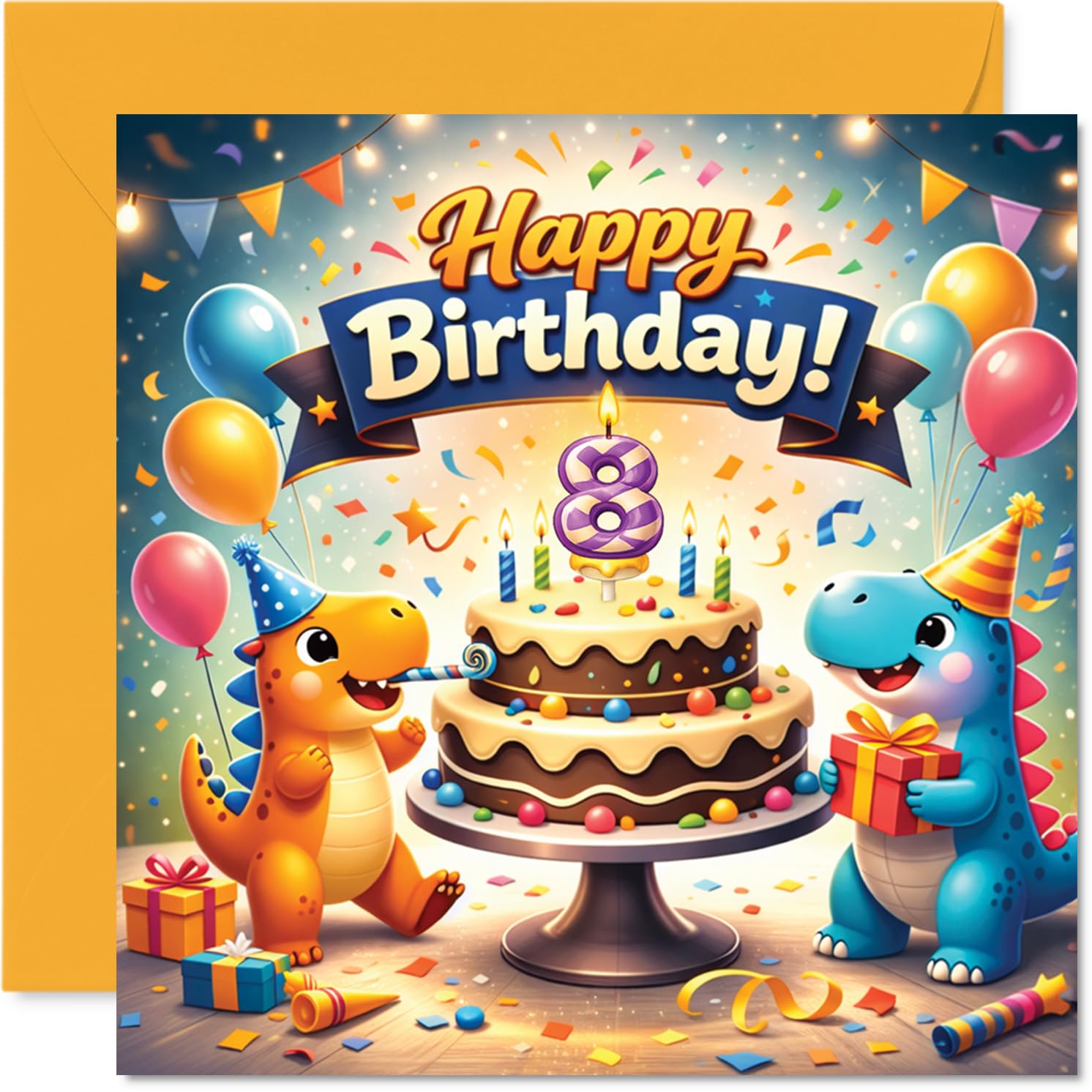 Playful 8th Birthday Card - Dino-mite Birthday Cheer - Two Dinosaurs with Cake and Balloons - Bright, Festive Fun for Their Big Day - 145mm Square, Envelope Included