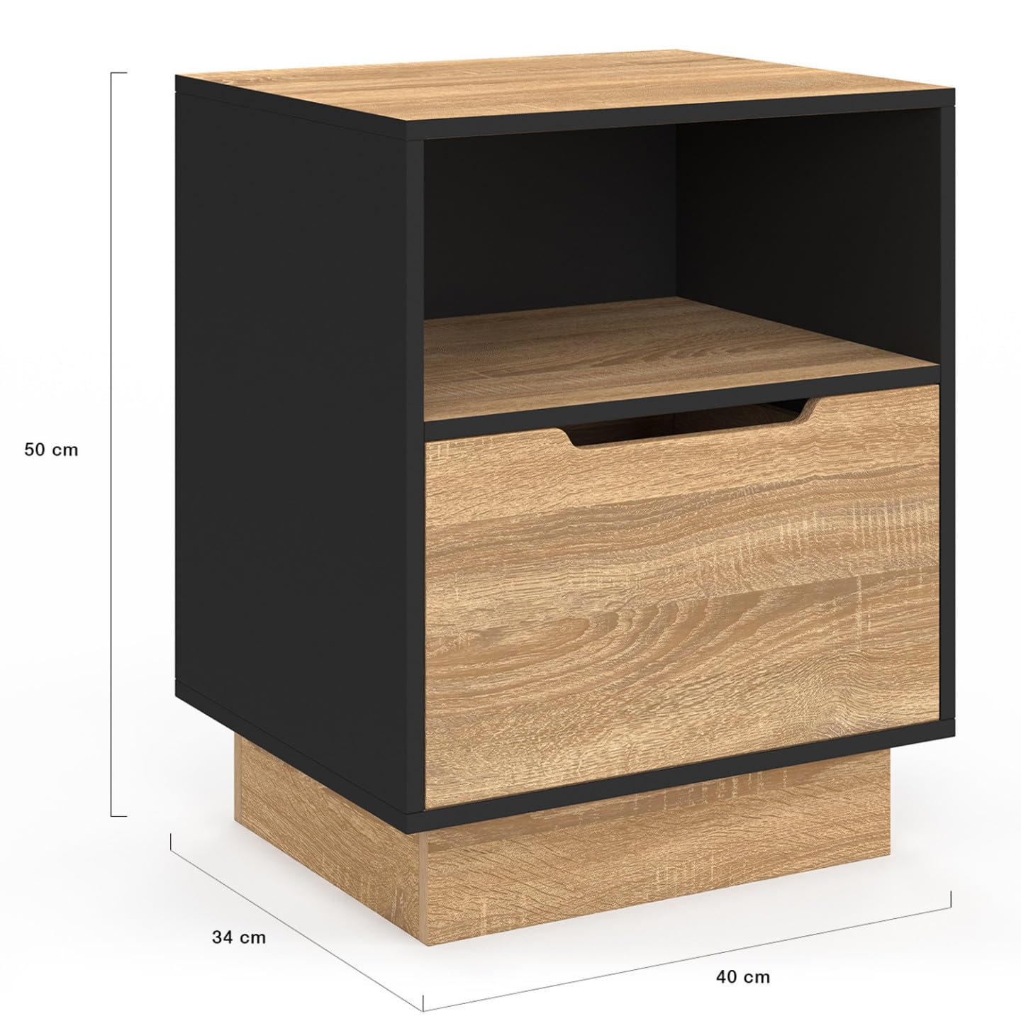 IDMarket - Juego de 2 mesitas de noche con 1 cajón OXANA con nicho de haya y negro