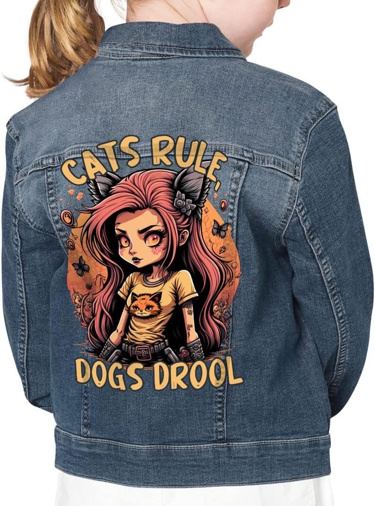 Cats Rule Dogs Drool Kids' Denim Jacket - Graphic Jean Jacket - Cute Denim Jacket for Kids