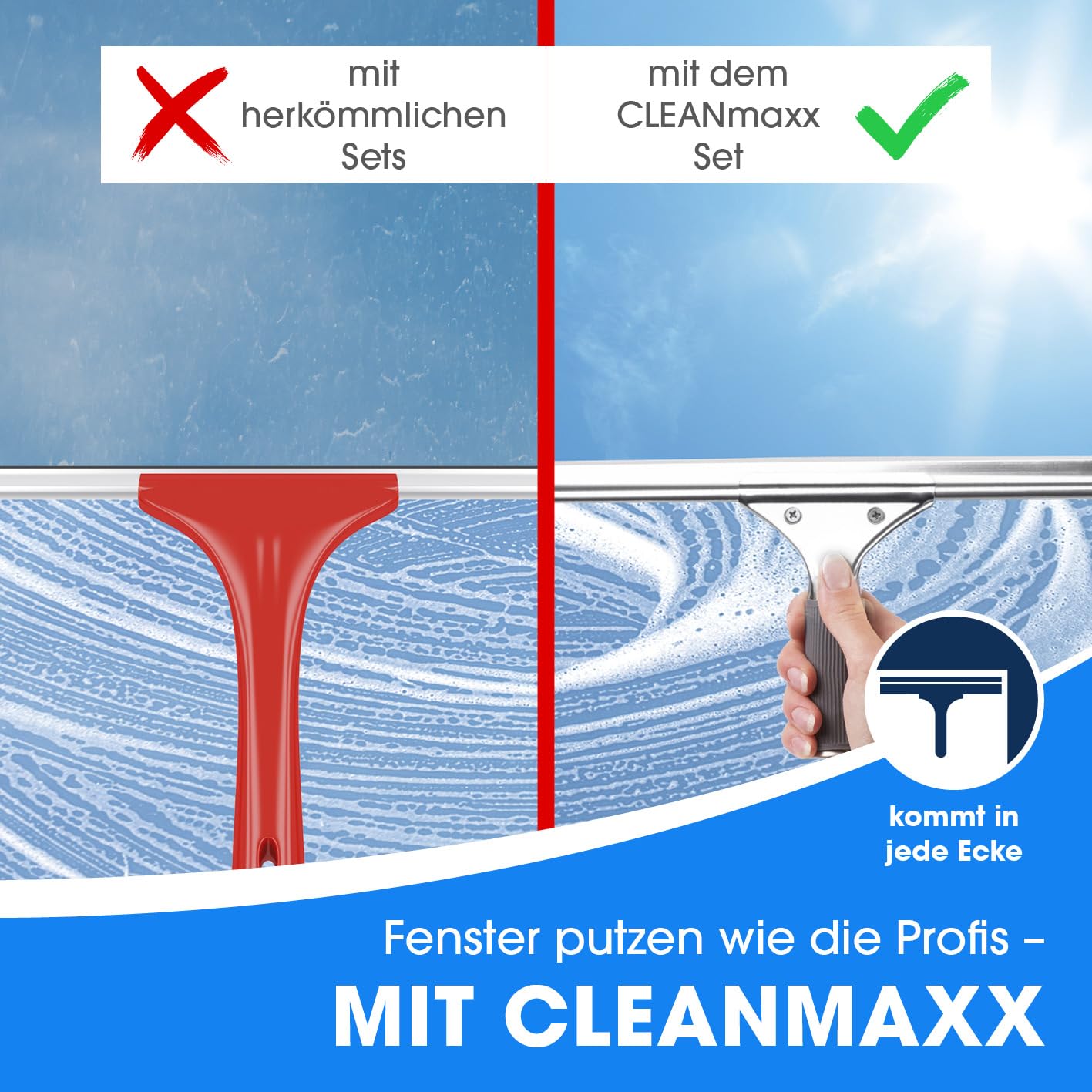 CLEANmaxx Fensterreiniger Set | 7-TLG. Fensterputzer Set für Oberflächen in Haus & Auto - inklusive Fensterabzieher, Fensterwischer, Reiniger, Wischtuch, Eimer und Halterungen für Wischer & Abzieher