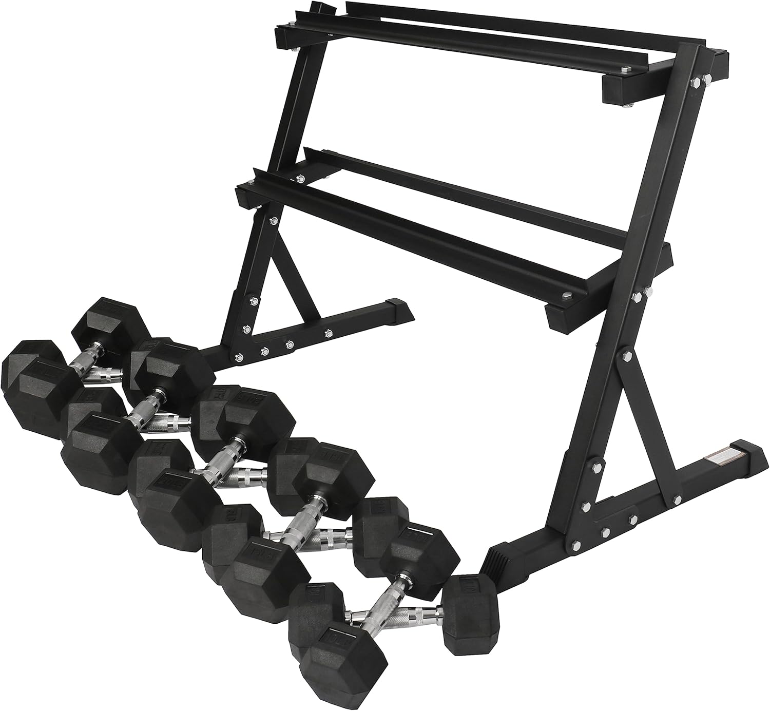 Signature Fitness 200LB Rubber Coated Hex Dumbbell Weight Set and Storage Rack, 10-30 lbs Pairs