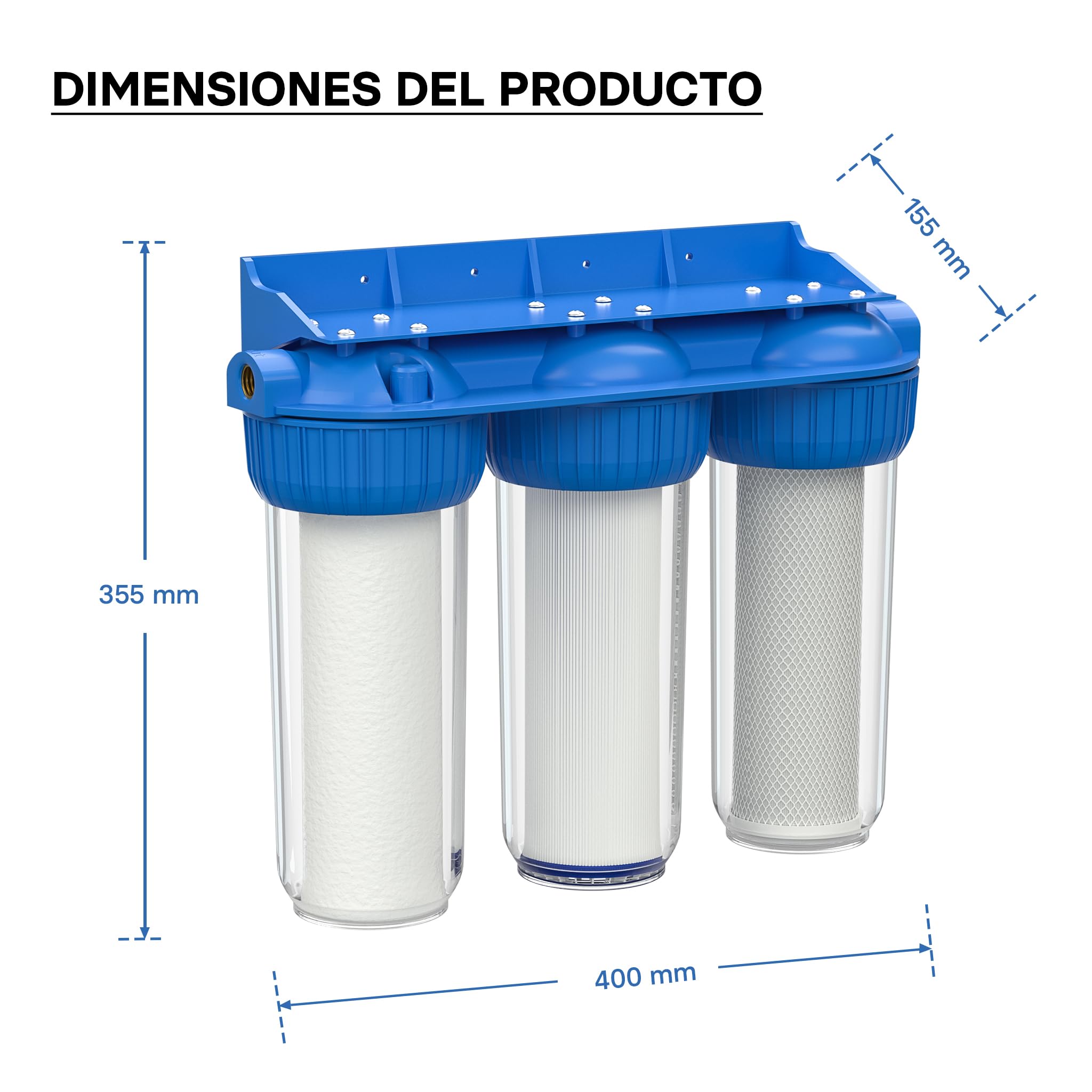 Naturewater NW-BR10B4 Filtro de agua 3-etapas 26.16mm (3/4") cartucho PP Ø60 mm, filtro con soporte de pared, con llave, filtración de sedimentos, carbón activado en bloque y en granulado