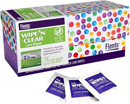 Flents Wipe N Clear Lens Wipes, 25 Count, Assorted Box Patterns for Glasses, Sunglasses, and Camera Lenses, Streak-Free, Anti-Fog, Portable Cleaning Cloths, Individually Wrapped, Pocket Sized
