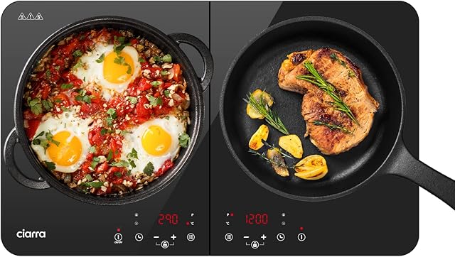 CIARRA CUTIH2 Portable Induction Hob 13 Amp Plug 2800W Double Cooking Zones with Touch Control Ceramic Glass Panel 9 Power Levels 3 Hours Timer Child Safety Lock Black