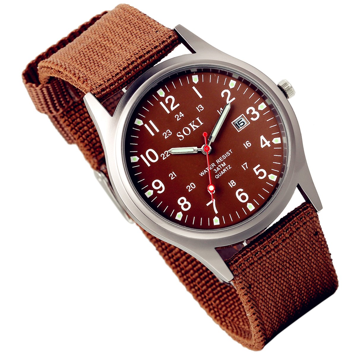 LancardoAnalog Quartz Watch with Woven Nylon Band Luminous Hand Military Time 24H Coffee Band Dial Watch for Men