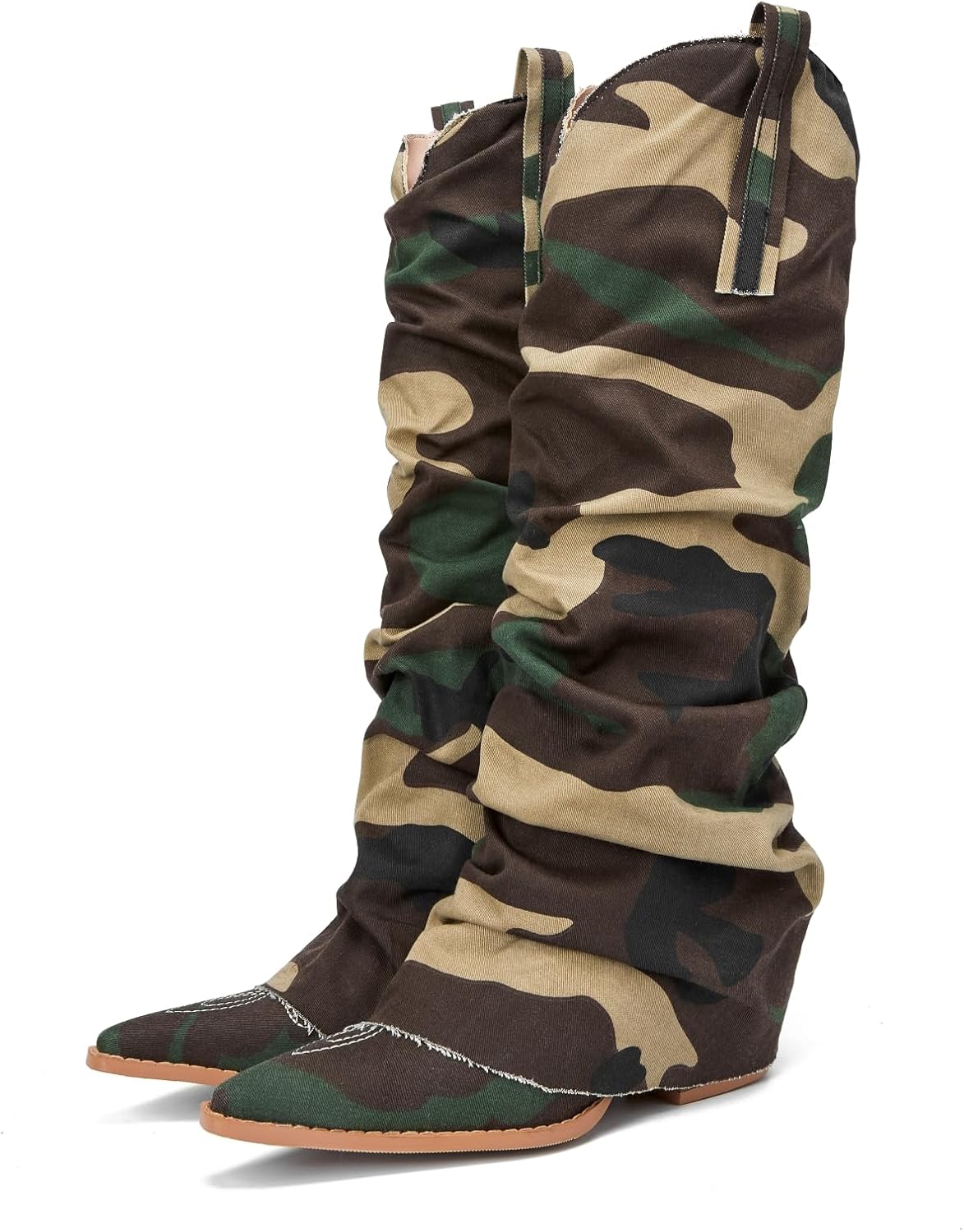 Saint Leia Women's Fashion Pleated Fold Over block heel mid calf boots Casual Ruched Covered Wedge Pointed Toe Knee High Boots