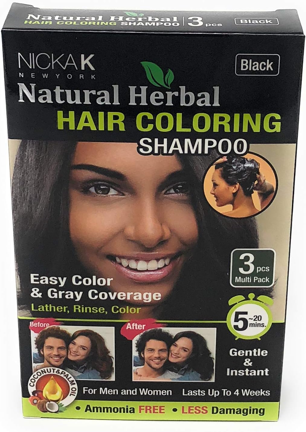 Nicka K New York Natural Herbal Hair Coloring Shampoo 3PCS (Black)