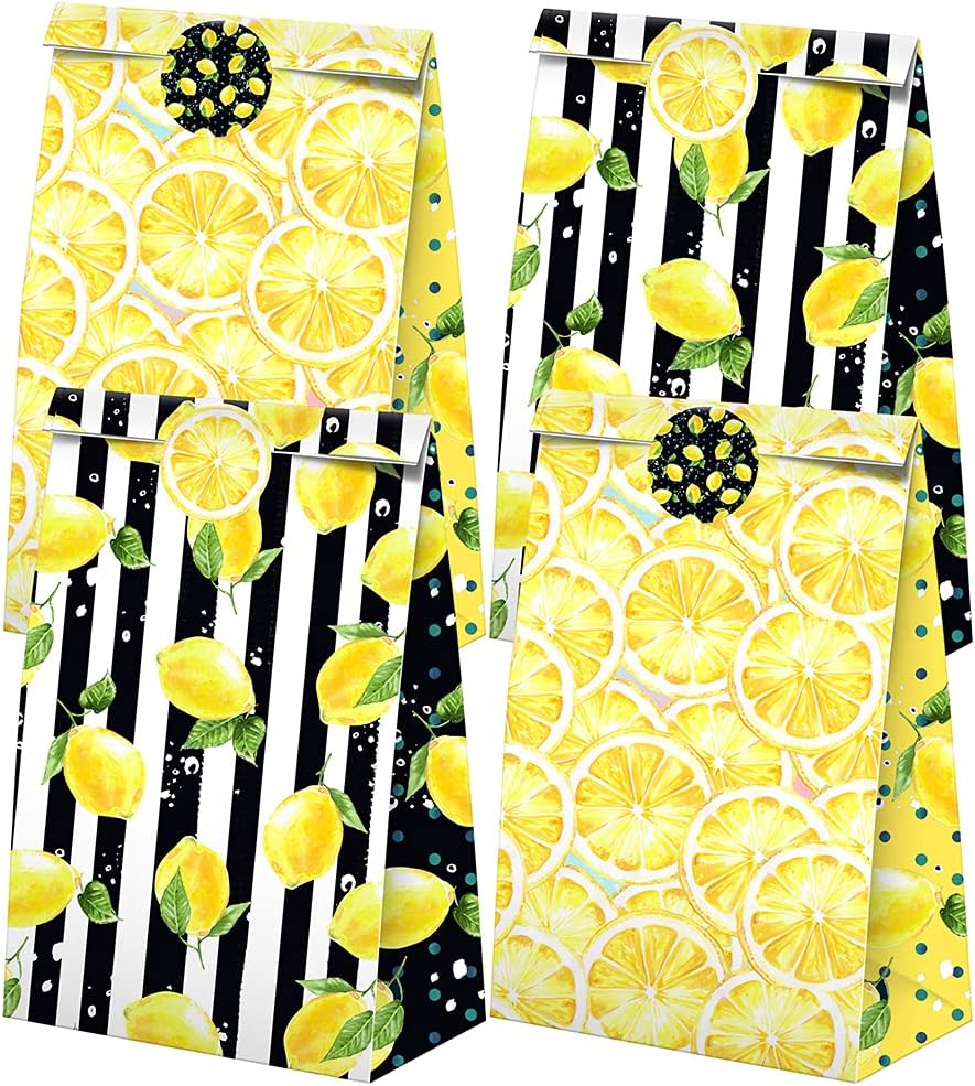 BonBeeDesign Lemon Party Favors Bags with Stickers - Lemon Goodie Bags - Lemon Themed Birthday Party Supplies