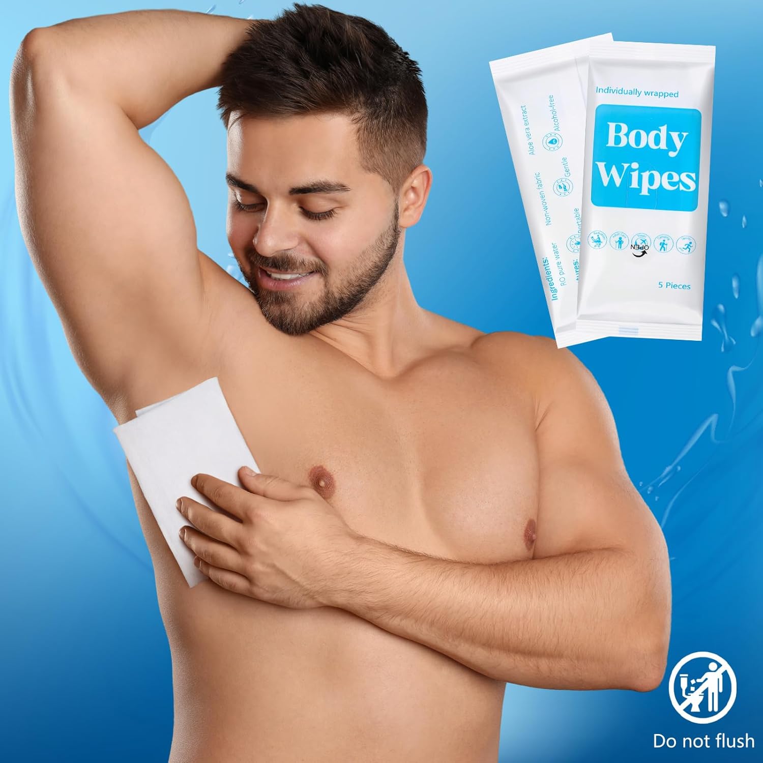 300 Pcs 60 Pack Body Wipes for Adults Bathing No Rinse Individually Wrapped Shower Wipes Washcloth with Aloe Cleansing Body Wash Cloths Disposable Bulk Deodorant Homeless(White Background) - Image 7