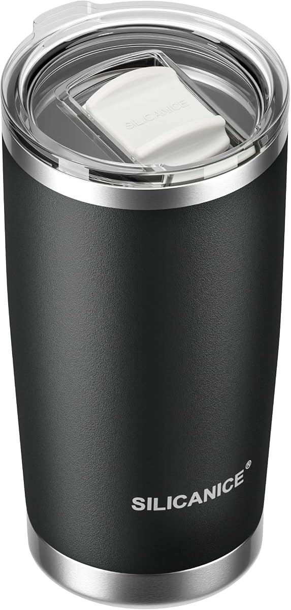 Vaso higiénico de acero inoxidable aislado al vacío de 20 oz con tapa fácil de poner y quitar, deslizador extraíble, taza de viaje 18/8 de doble pared, sin BPA, se adapta a portavasos, calidad premium, valor inteligente, negro