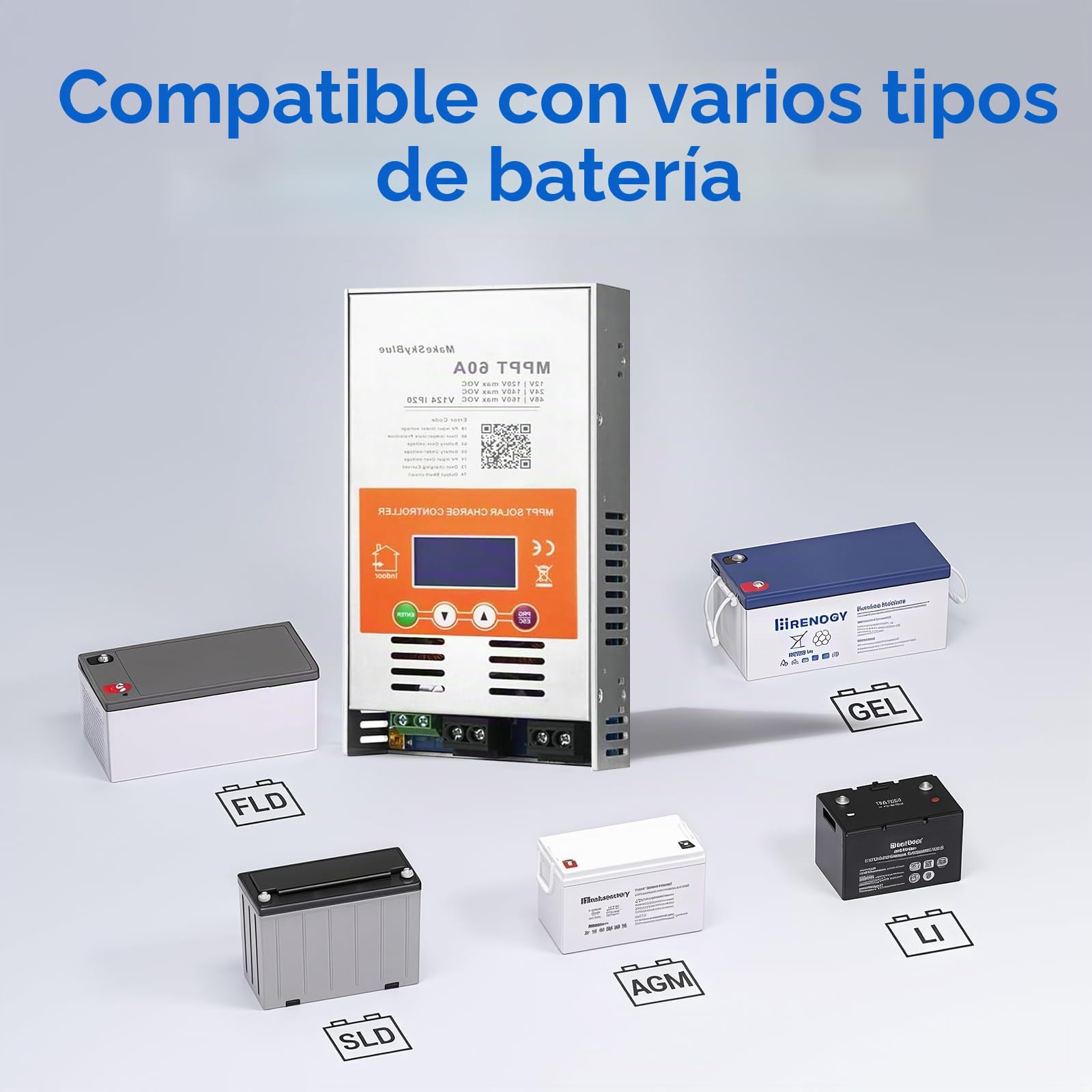 Regulador de Carga Solar MPPT 60A (WiFi) con Pantalla LCD | Regulador MPPT, Control por APP, Máx. 2800W PV, para baterías de 12V, 24V y 48V
