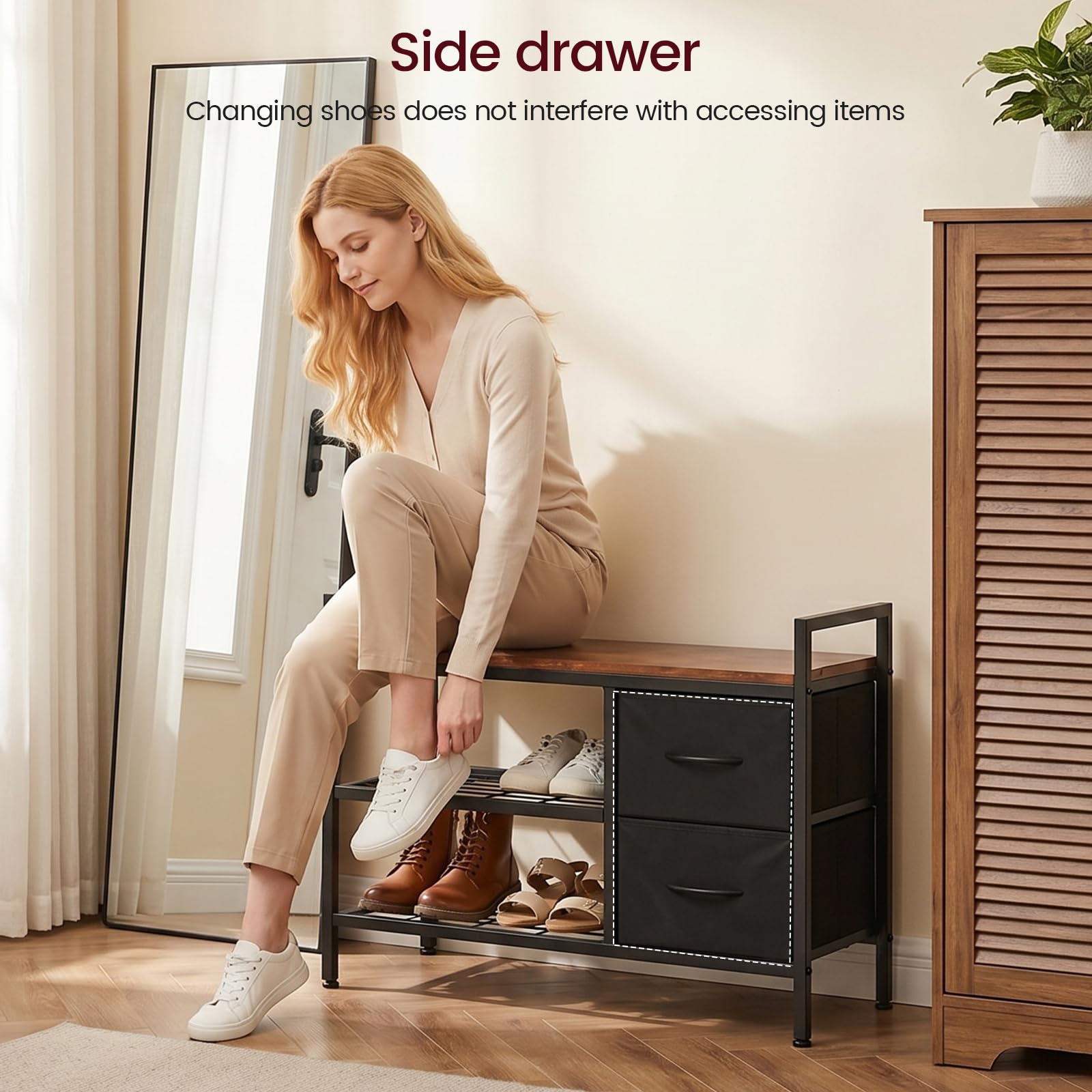 EGGREE Porte-Manteau avec Étagère à Chaussures, Meuble d’Entrée avec 15 Crochets Amovibles, 2 Tiroirs, Design Séparable, 6-en-1 Vestiaire, Style Industriel, 80 x 30 x 180 cm, Marron Rustique et Noir