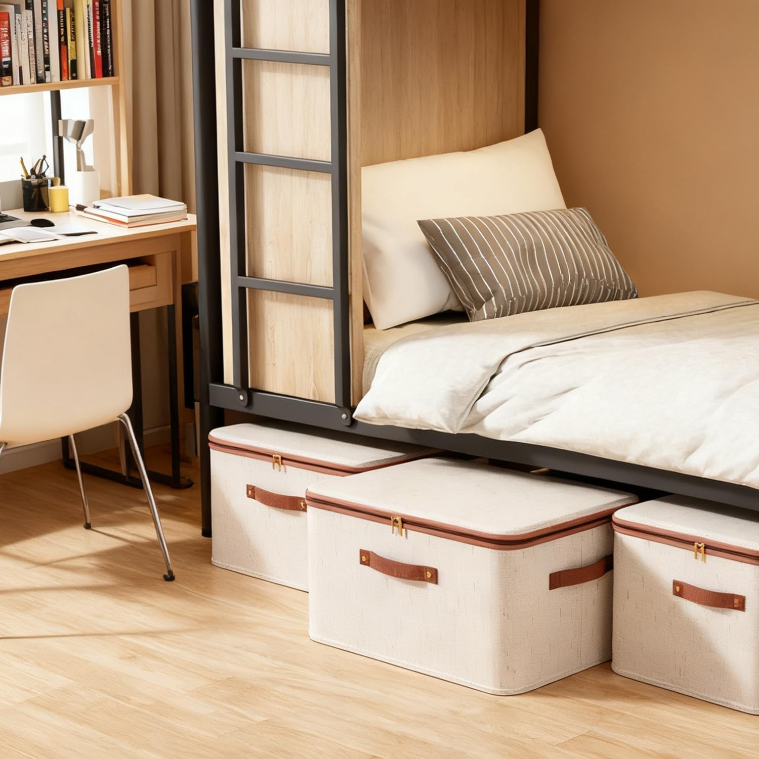 Tuza 3 Pcs Rigid Storage Bins with Zipper Lid, Cotton Linen Fabric Storage Boxes, Foldable Shelves Clothes Storage Cubes with Handles for Wardrobe, Closet(Beige, 25L)