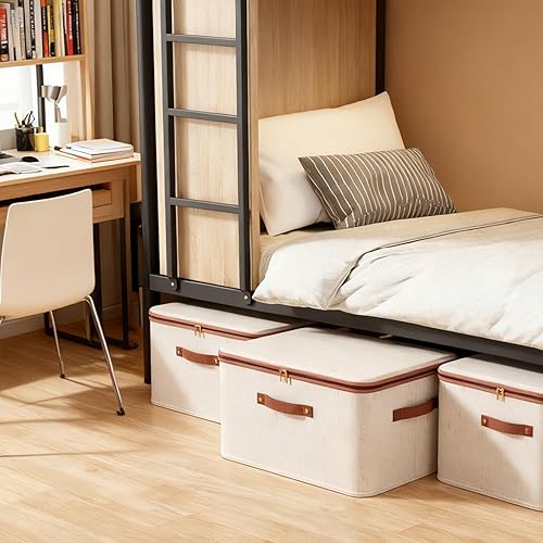 Miniatura 5 de Tuza 3 contenedores rígidos de almacenamiento con tapa con cremallera, cajas de almacenamiento de tela de lino de algodón, estantes plegables para