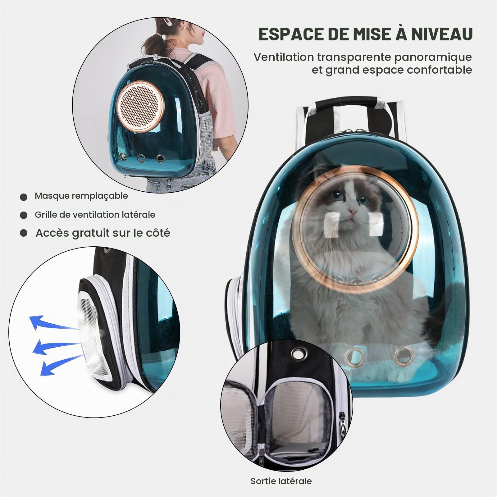 PETCUTE Sac à Dos pour Chat à Capsule Spatiale Ventilée, Sac à Dos pour Animaux de Compagnie avec Harnais Intérieur,Sac de Transport pour Petits Chiens,Convient pour Les Voyages,Bleu