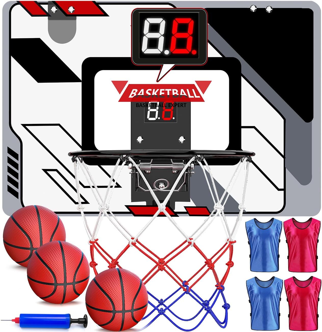 Basketball Hoop Indoor, Mini Basketball Hoop for Kids Over The Door Basketball Hoop with Electronic Scoreboard and 3 Balls 4pcs Team Practice Vests