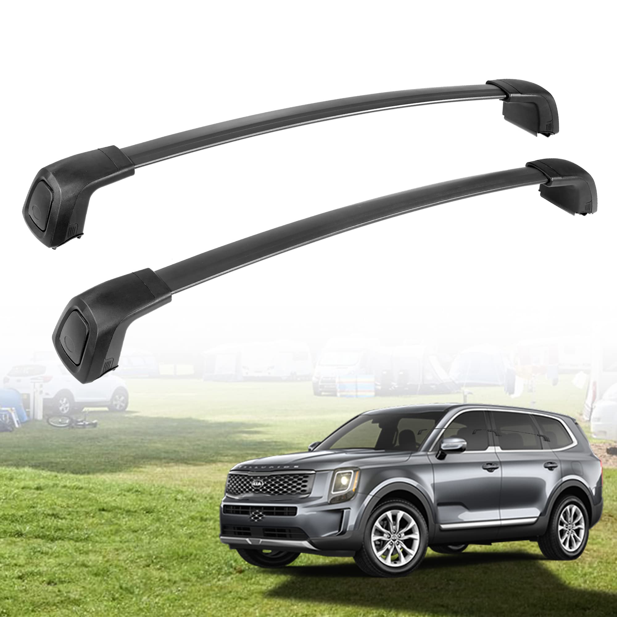 AUXMART Roof Rack Cross Bars Lockable Compatible with Kia Telluride 2019-2022 Upgraded Customized, 110LBS/50KG Aluminum Bars Crossbars Fishing Rod Kayak Bike Snowboard Ski with One-Piece Side Rails