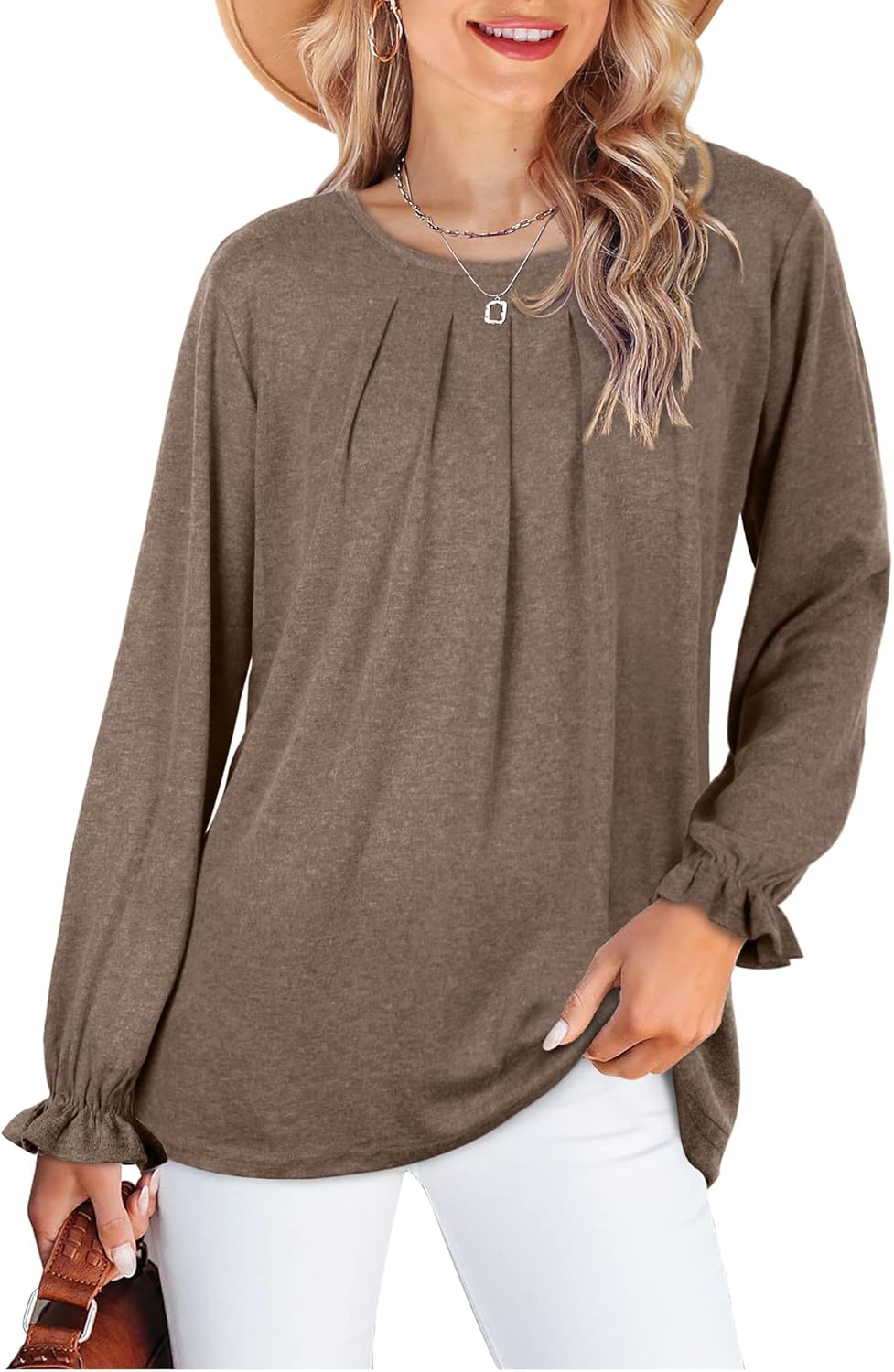 LCXWFE Womens Tops Dressy Casual Summer Shirts Crew Neck Pleated Ruffle Sleeve Tops for Women - Image 2