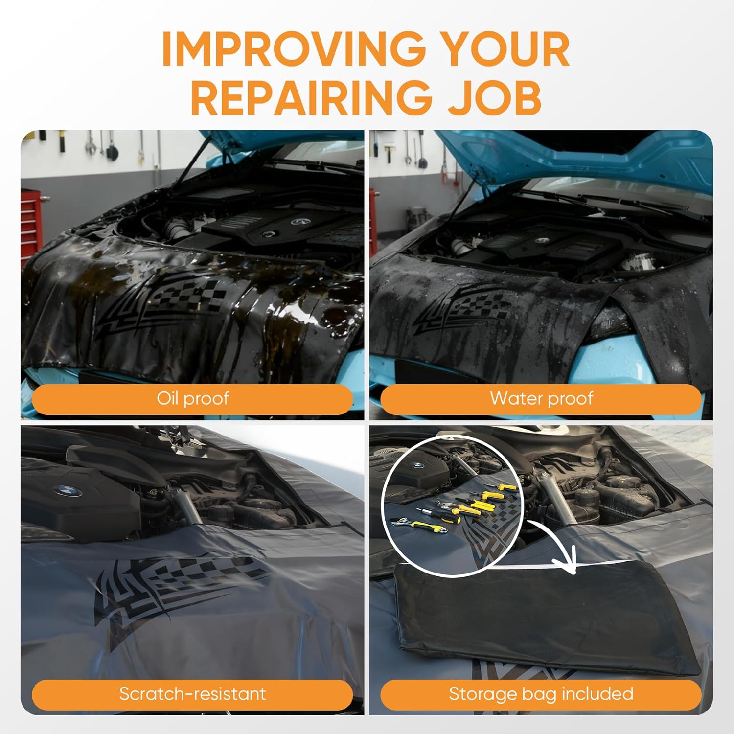 Fender Covers for Mechanics,3 Pcs Microfiber Leather Fender Protector Mats with Stronger Magnets & Hooks for Mechanics Sedans,Trucks and SUVs Gray L