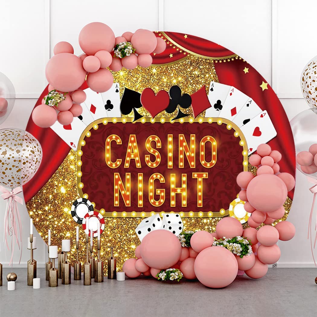 Casino Night Round Backdrop Cover, Circle 6.56ft (200cm), Red Curtain Golden Twinkle Photography Background, Poker Dice Chip Neon Decorations, Seamless Edge Elastic, Theme Banner Photo Video Props