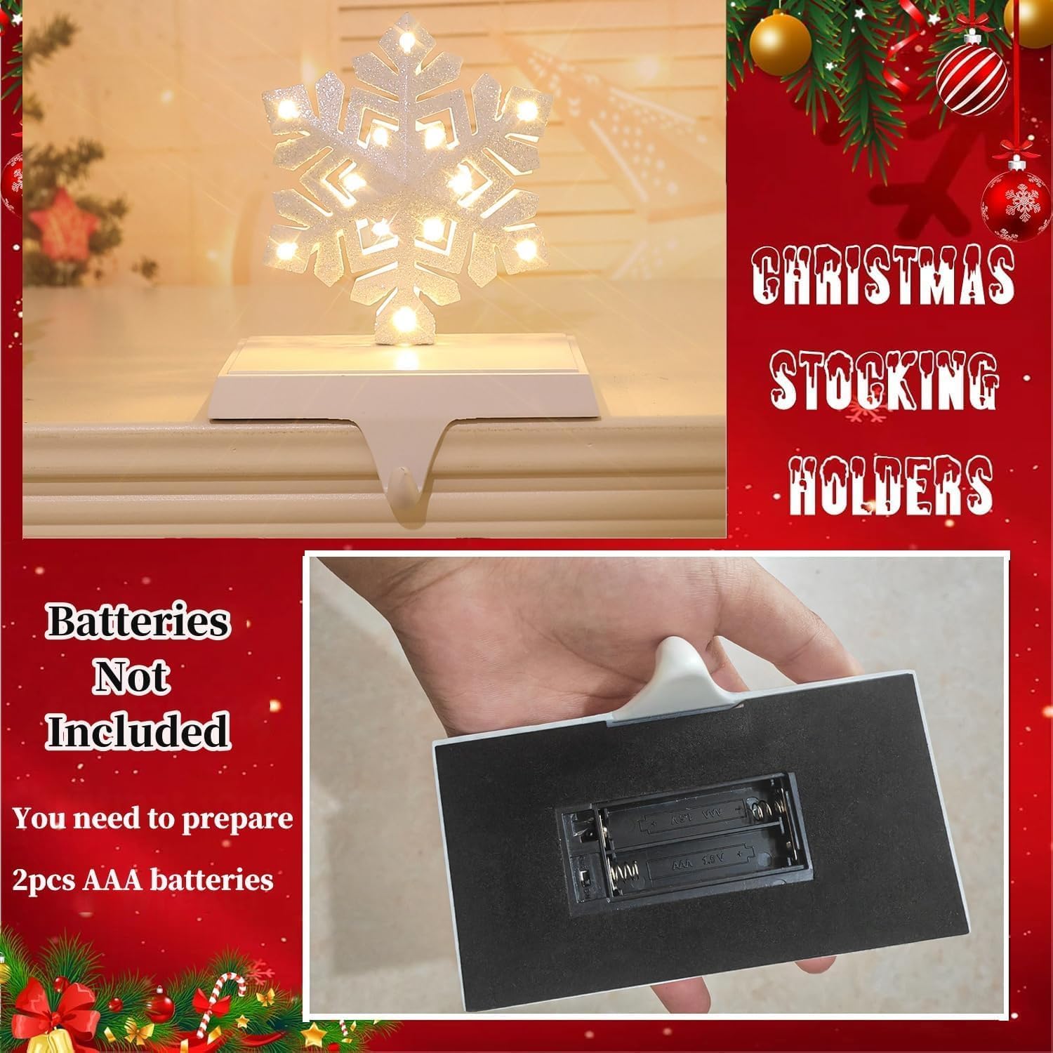 XIUSHE Christmas Stocking ​Holders for Mantle Set of 2, Red Dog Paw and Green Dog Paw Stocking Hangers Metal Stocking Holder for Christmas Fireplace Mantel Decorations (Paw Print Set)