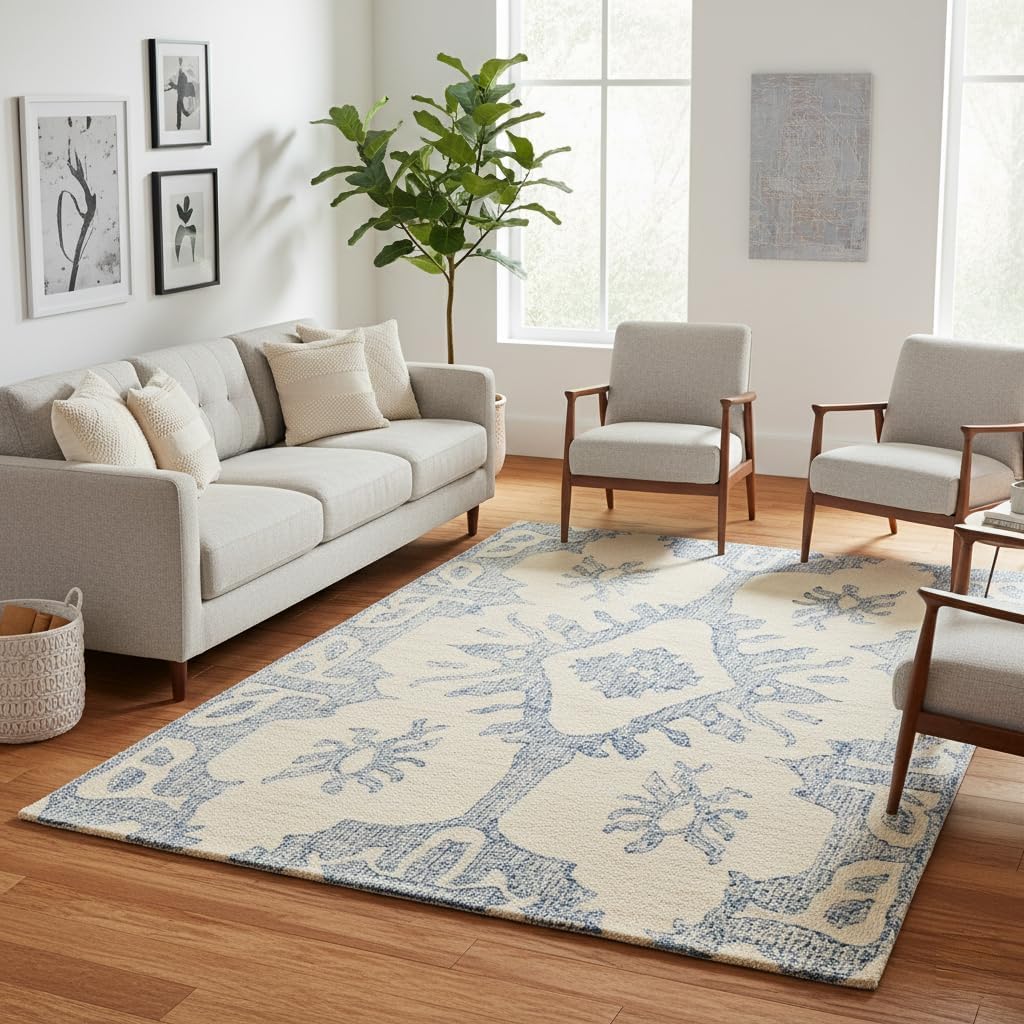Handmade 100% Wool Pile Area Rug – Traditional Medallion Design with Cotton Backing | Thick, Durable, & Textured Tufted Carpet for Living Room, Bedroom, Dining Area or Office Decor (Beige, 5' x 8')