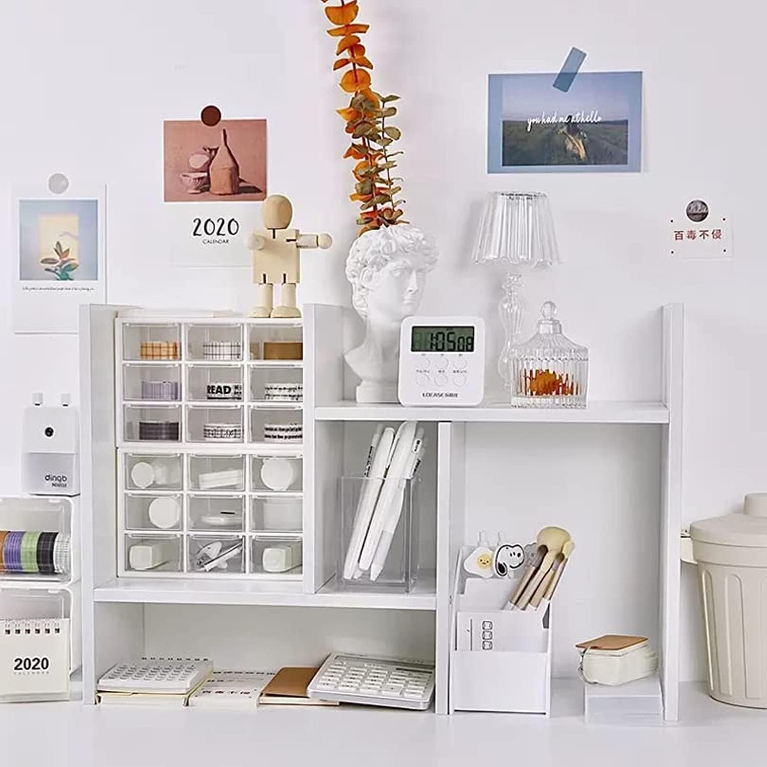 TIMICARE Bamboo Desktop Bookshelf, Adjustable Desktop Display Shelf Rack Counter Office Storage Rack Top Bookcase, Free Style Display True Natural Stand Shelf Rack (Lvory White)