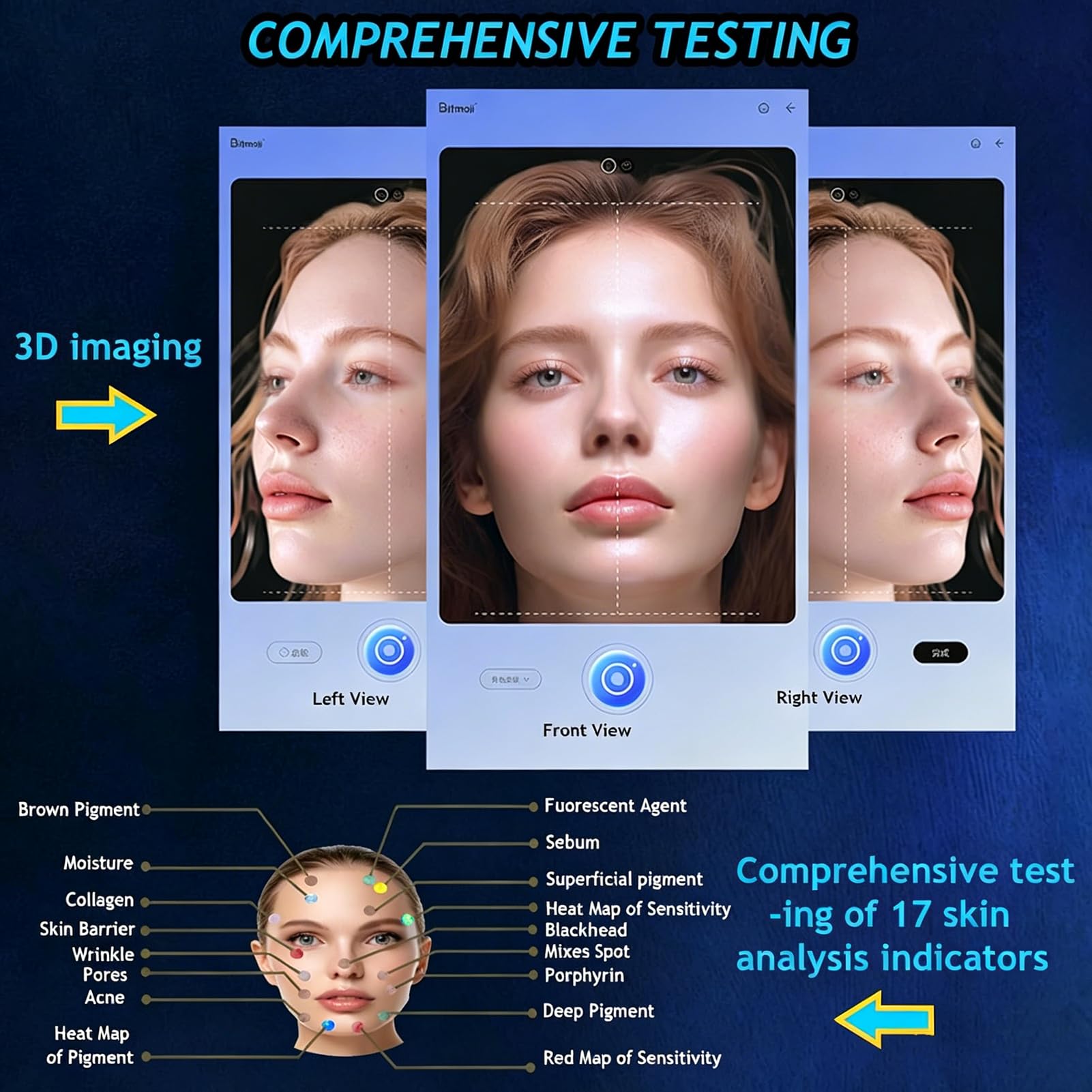 Instrumento de Análisis Facial con Análisis de Síntomas, Analizador de Piel con Pantalla Táctil de 15,6", Análisis y Predicción de Síntomas Cutáneos, 17 Parámetros de Prueba, 36 Megapíxeles