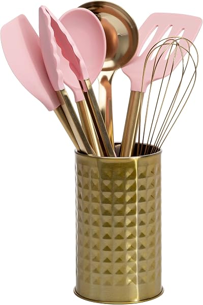 Paris Hilton Kitchen Set Tool Crock with Silicone Cooking Utensils, Stainless Steel Whisk and Ladle, 7-Piece, Pink and G