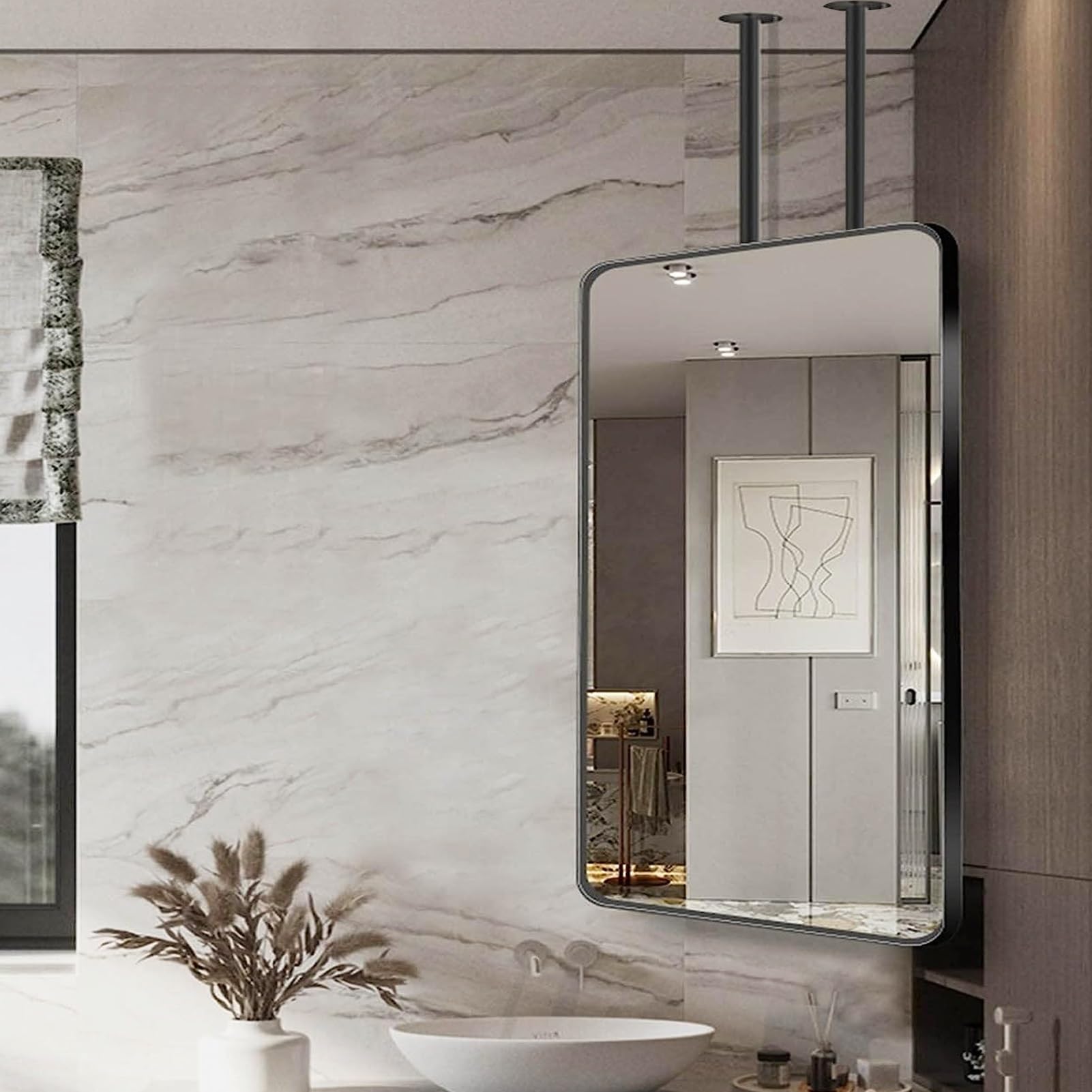 Ceiling Hanging Floating Mirror With Metal Frame, Nordic Boom Suspended Mirror Modern Decorative Mirrors For Bathroom Vanity Make-up Mirror With Rods, Black Ceiling Mounted ( Size : 50cmx70cm )