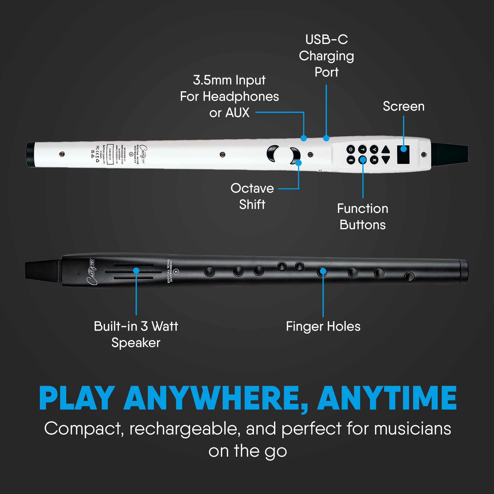 Carry-on Strumento a fiato digitale 2-10 voci, batteria ricaricabile USB integrata, uscita cuffie per pratica silenziosa, registratore digitale Midi Over Bluetooth nero