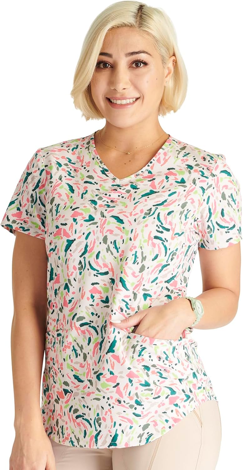 Cherokee Scrubs for Women Printed V-Neck Scrub Top with Modern Classic Fit with 2 Welt Pockets & Shirttail Hem - CK637