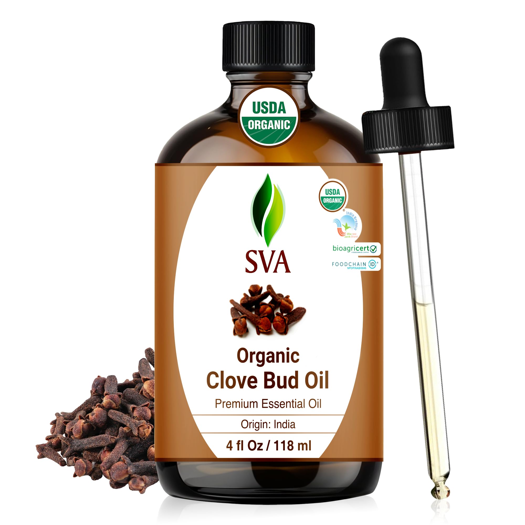 SVA Clove Essential Oil Organic – 4 Fl Oz – 100% Natural Organic Clove Oil - for Diffuser, Hair Care, Face, Skin Care, Aromatherapy, Scalp and Body Massage, Soap and Candle Making - with Dropper