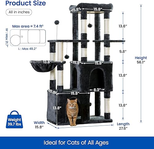Miniatura 6 de MWPO Árbol grande para gatos, torre para gatos de interior de 56.1 pulgadas con 2 condominios grandes para gatos, soporte de varios niveles con