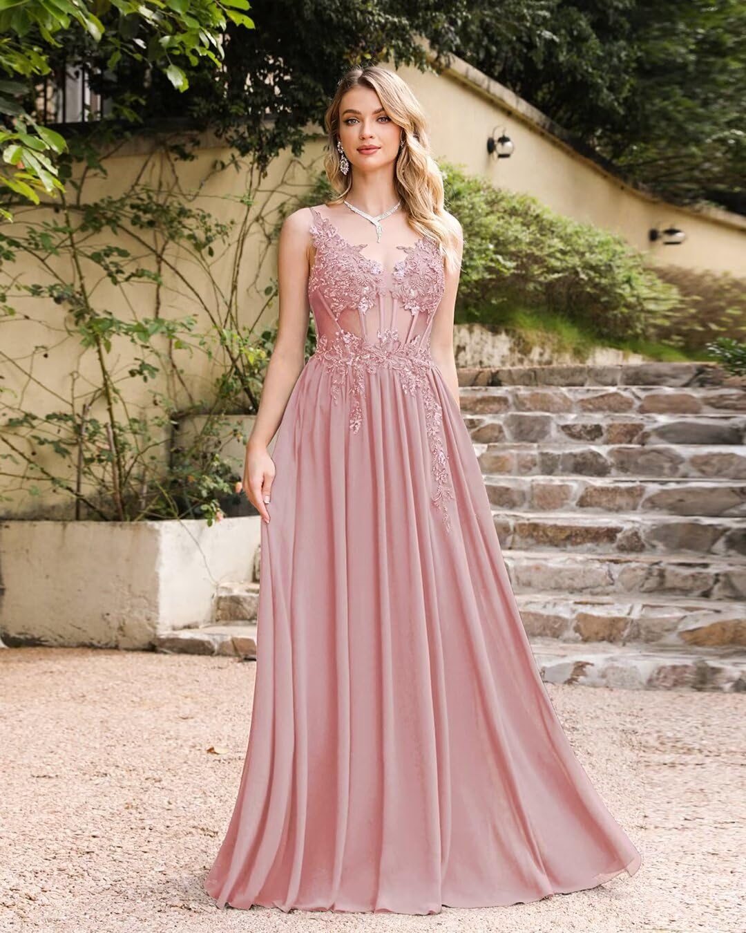 Misshow Luxuriöses Abendkleid für Zeremonie, lang, Pailletten, Perlen, mit Applikationen aus floralem Chiffon, Rosa, 42