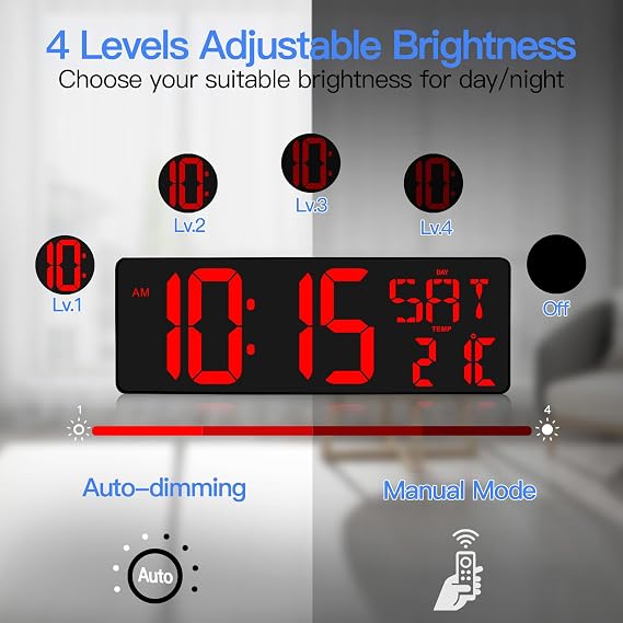 XREXS 17 Inch Large Digital Wall Clock Bluetooth Automatic Calibration Time Brightness and Sound Adjustable Wall Clock Digital Clock Wall Clock with Time/Date/Temperature for Home Kitchen Classroom