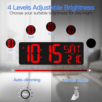XREXS 17 Inch Large Digital Wall Clock Bluetooth Automatic Calibration Time Brightness and Sound Adjustable Wall Clock Digital Clock Wall Clock with Time/Date/Temperature for Home Kitchen Classroom