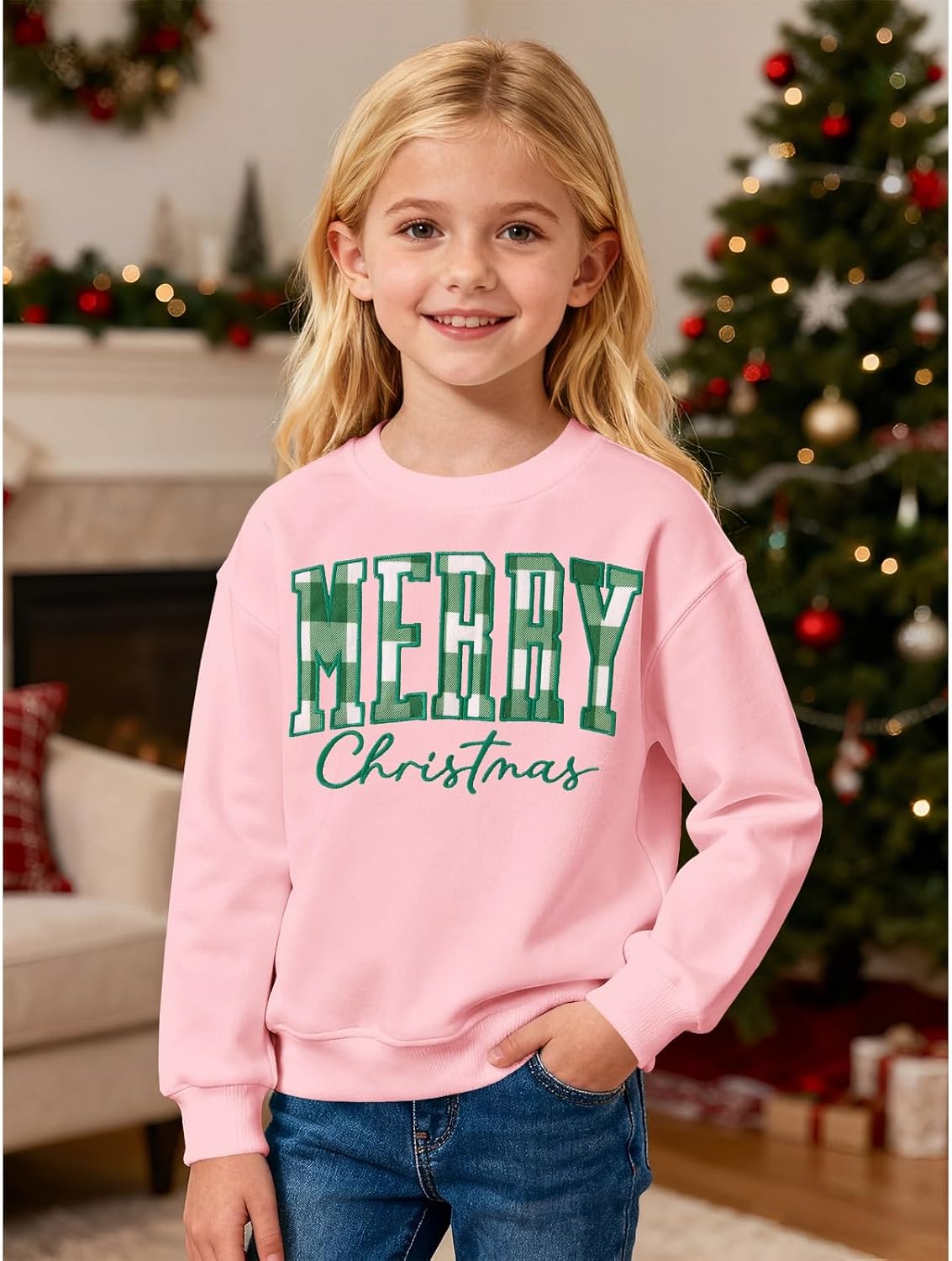 GLIGLITTR Kids Girls Christmas Sweatshirt Plaid Embroidery Merry Christmas Shirts Crewneck Pullover Top Xmas Holiday Outfits