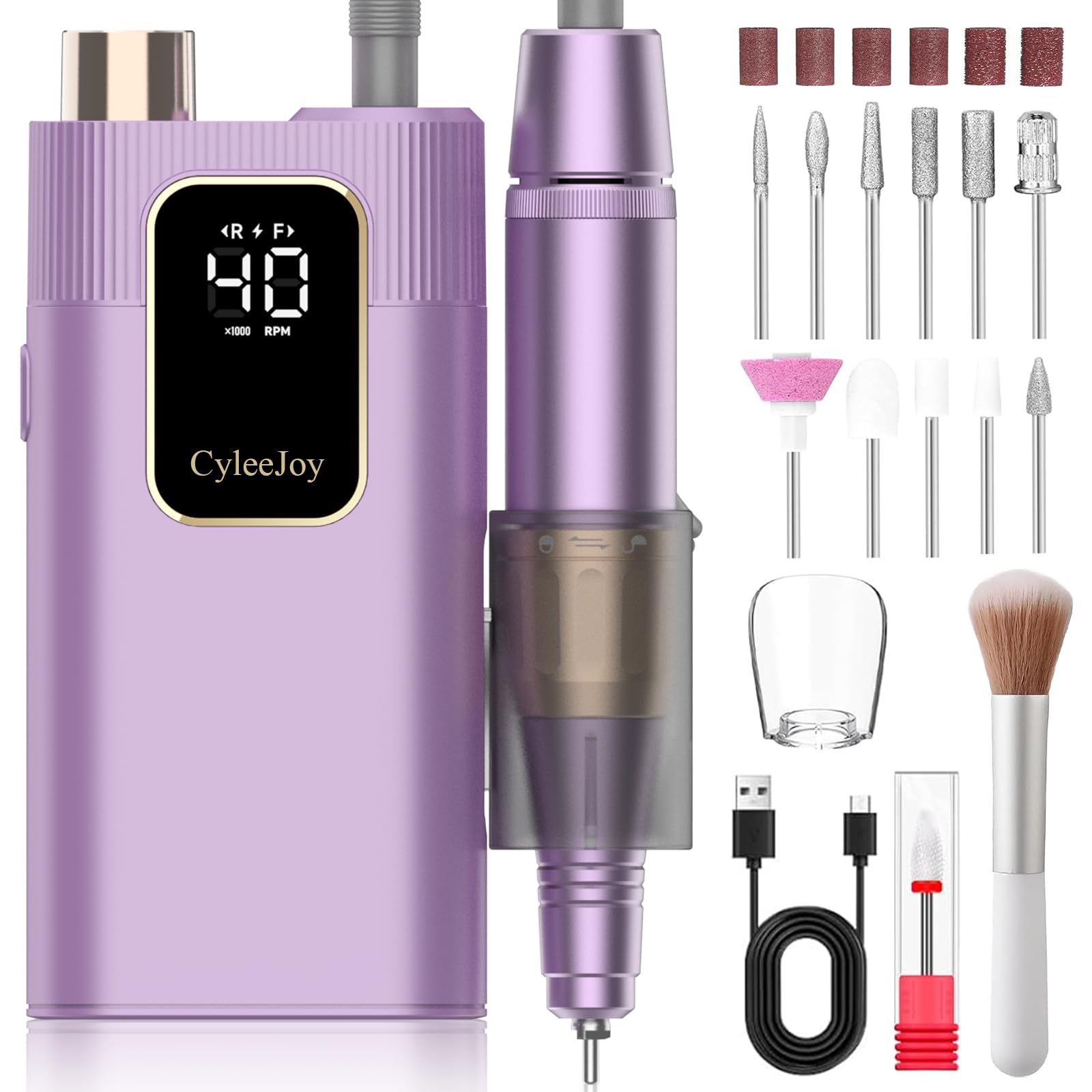 Ponceuse pour Ongles Professionnel 40000 tr/min, 12 en 1 Ponceuse Ongles pour Acrylique/Gel, Lime a Ongle Electrique Portable Rechargeable, Set Manucure Pédicure pour Salon/Maison (Violet)