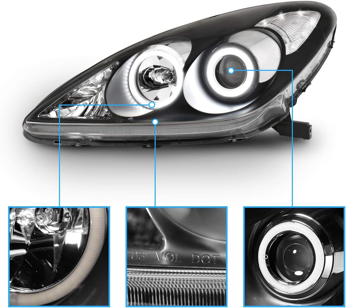 Close-up views of the headlight showing the LED halo, the DOT compliance marking on the lens, and the projector low beam.