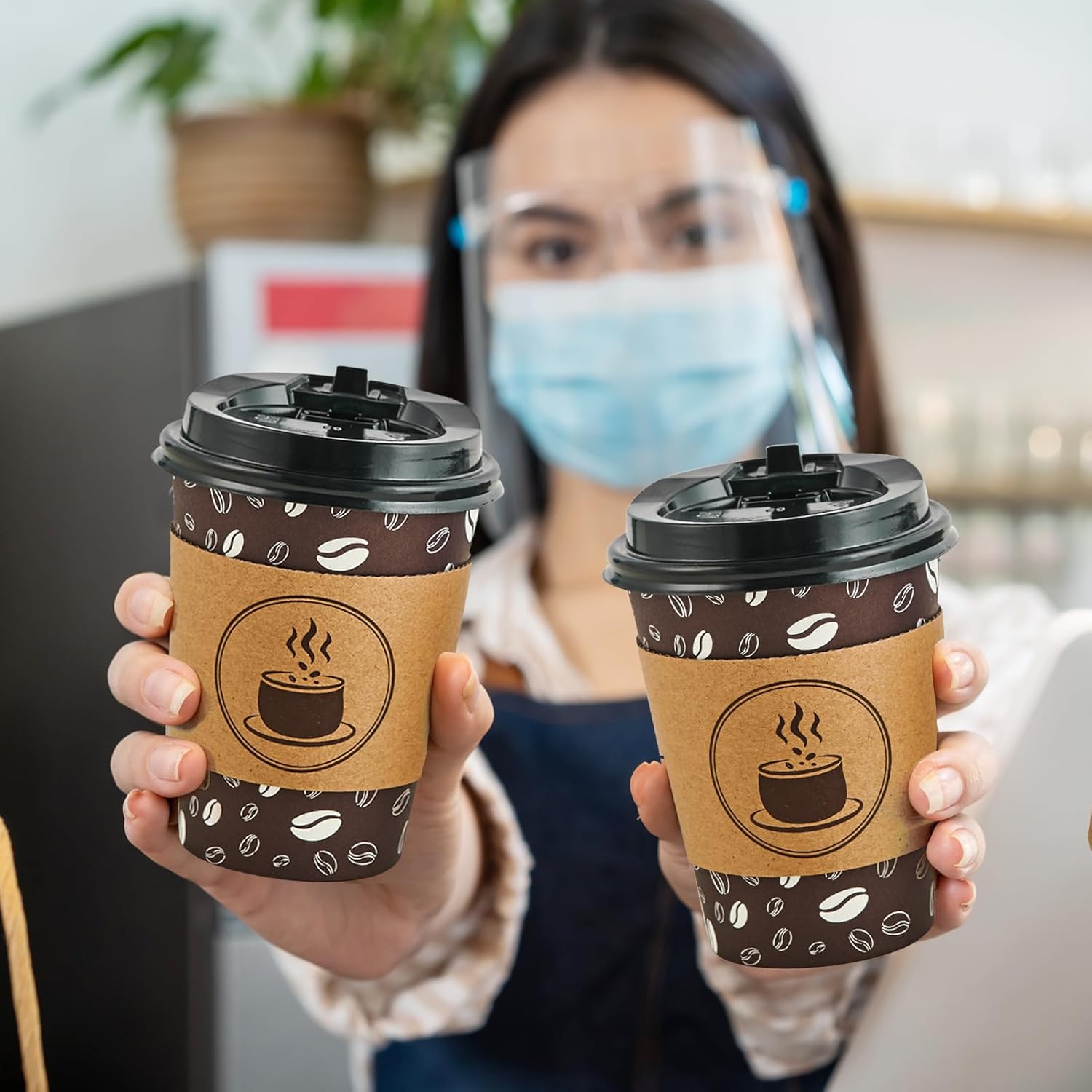 JOLLY PARTY Disposable Coffee Cups with Lids, Sleeves and Straws - 12oz(100 Pack) Paper Coffee Cups with Lids, Hot Cup for Shops, Cafes, and Concession Stands(Dark Brown) - Image 6