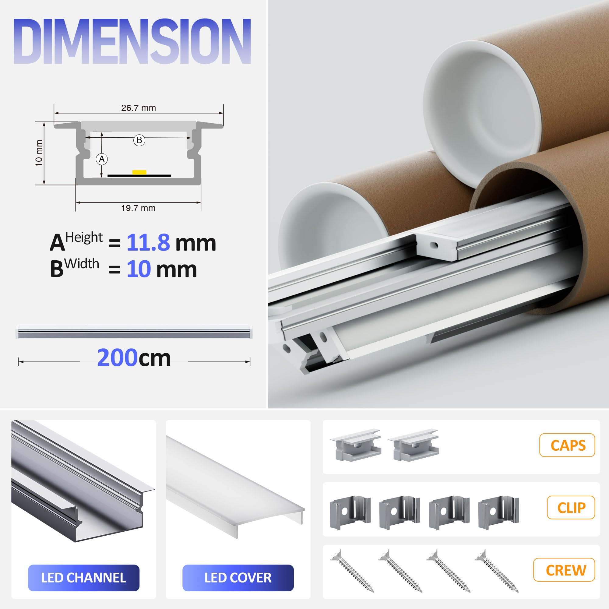 LED Profil Schiene 2m aus eloxiertem Aluminium, Aluminium Profil passend für 15mm Streifen, mit opalem Diffusor (SP23, 10 Stück (20 m))