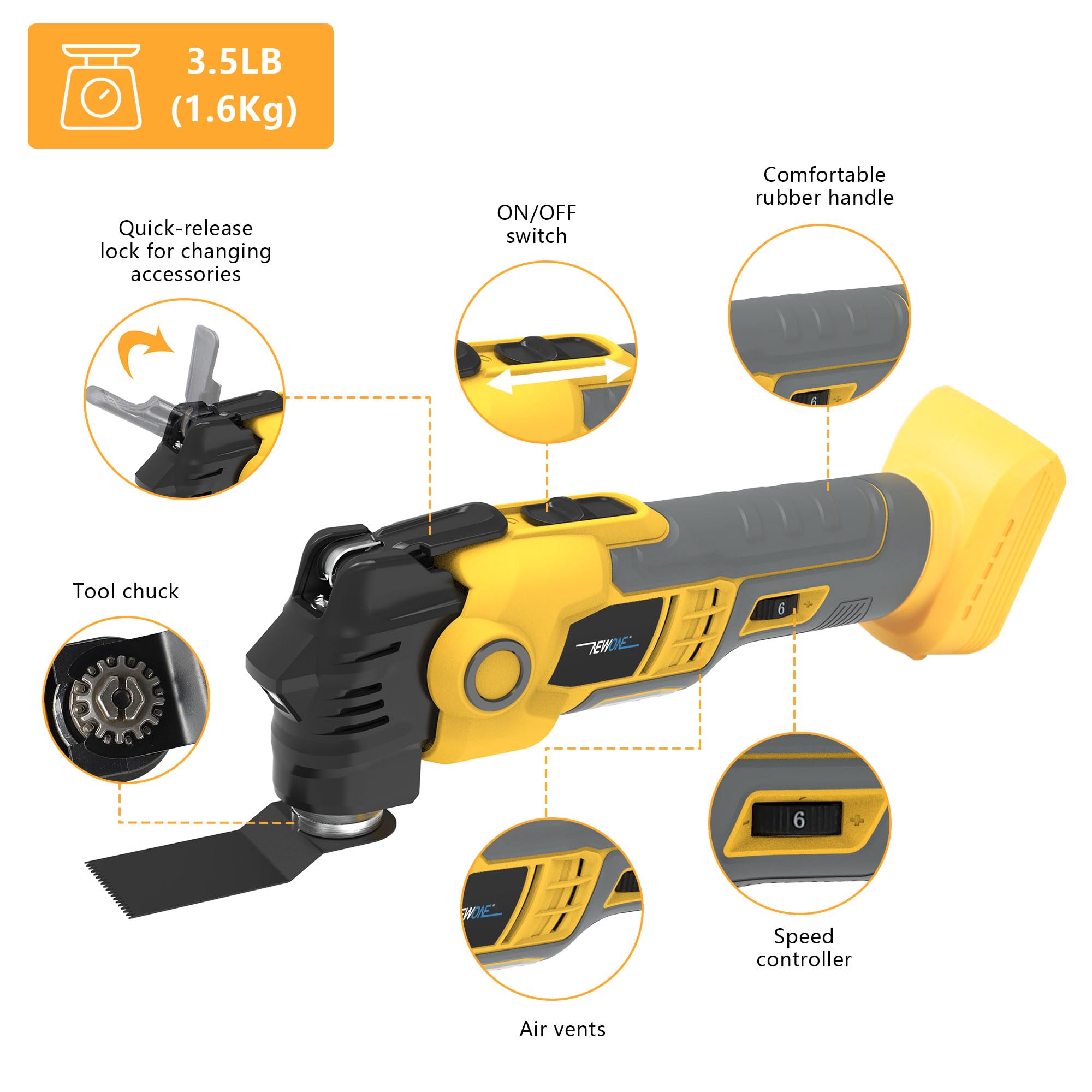 NEWONE Strumento oscillante antivibrante compatibile con batteria De-Walt da 20 V, kit multi-utensile oscillante antivibrante con angolo di oscillazione di 3,6°, 6 velocità variabile, lame multitool