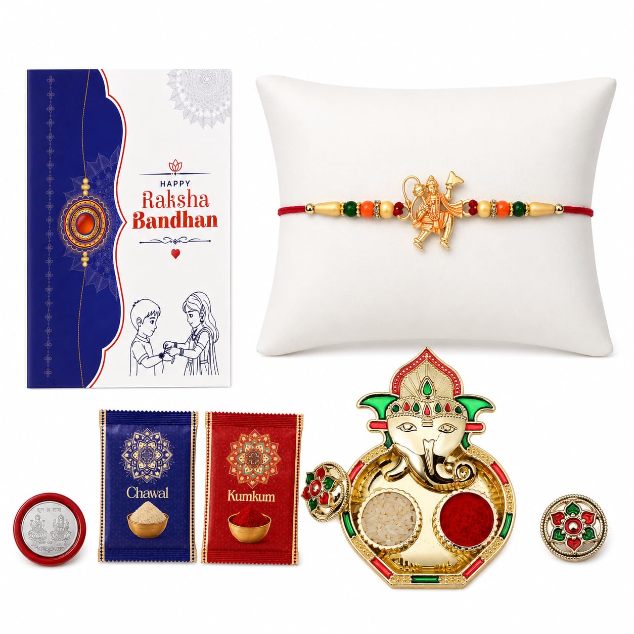 Oblivion Pooja Thali Rakhi Set for Brother – Designer Golden Colour Hanuman Ji Rakhi with Silver Colour Pooja Coin and Greeting Card, Traditional Raksha Bandhan Celebration Gift Combo for Bhai-image-26