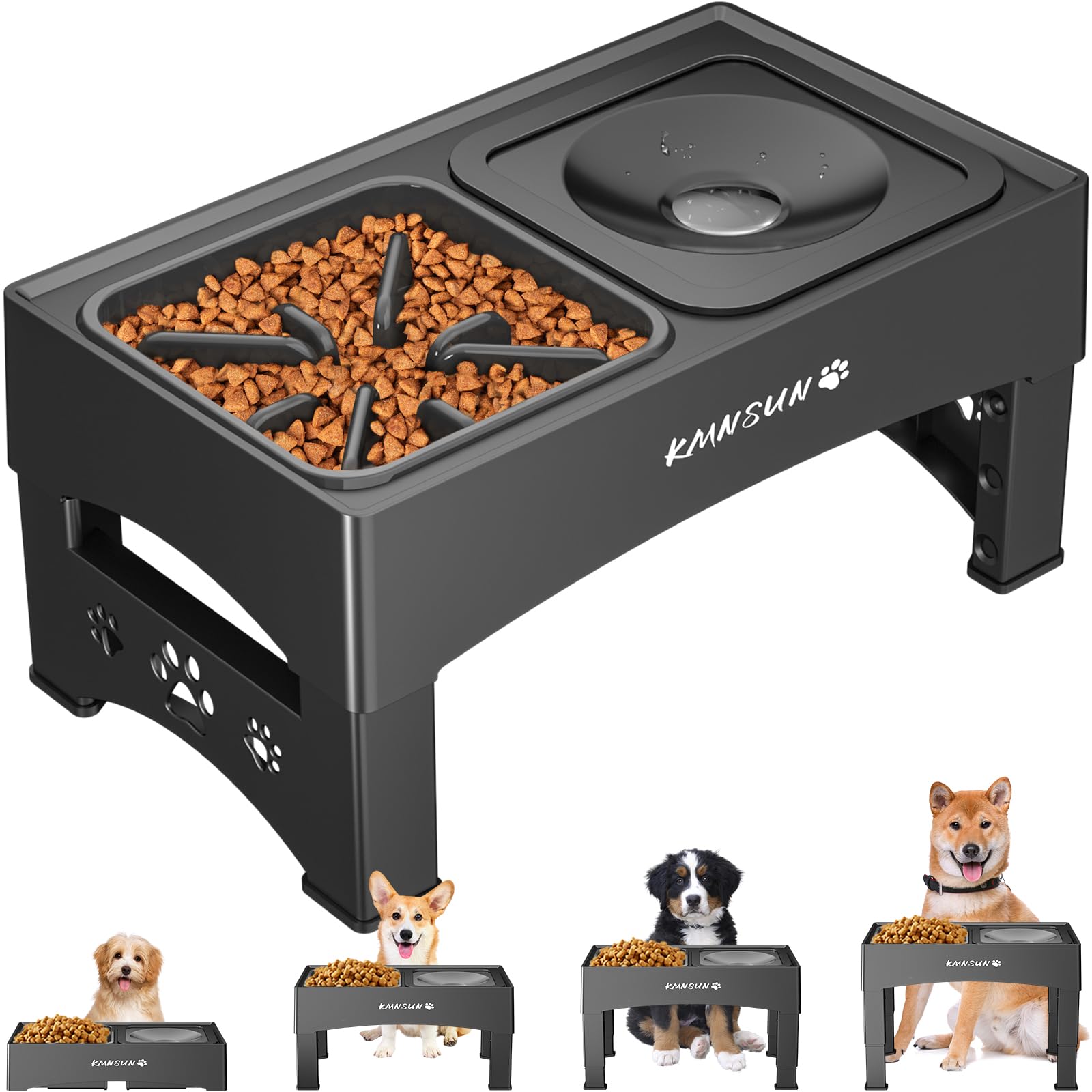 KMNSUN Comedero Perro Elevado, 3 en 1 Comedero Elevado Perro, Comedero Lento para Perros & Cuenco de Agua Sin Derrames, 4 Cuencos Elevados de Altura Ajustable, Diseño de Textura Vertical-Negro