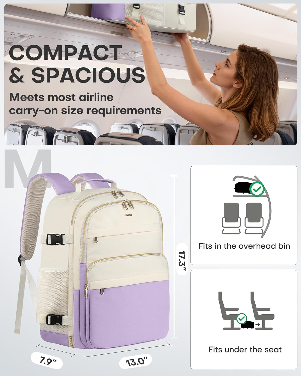 HOTOR Travel Backpack for Women - Large 15.6inch Laptop Computer Bag Water-Resistant Carry on Backpack Flight Approved Personal Item Travel Bag for Work, Business, Purple & Beige, 13.0" x 7.9" x 17.3" - Image 2