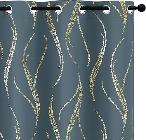 Miniatura 1 de Yakamok Cortinas opacas de 84 pulgadas de largo para sala de estar, con aislamiento térmico, patrón de líneas onduladas doradas, patrón de puntos,
