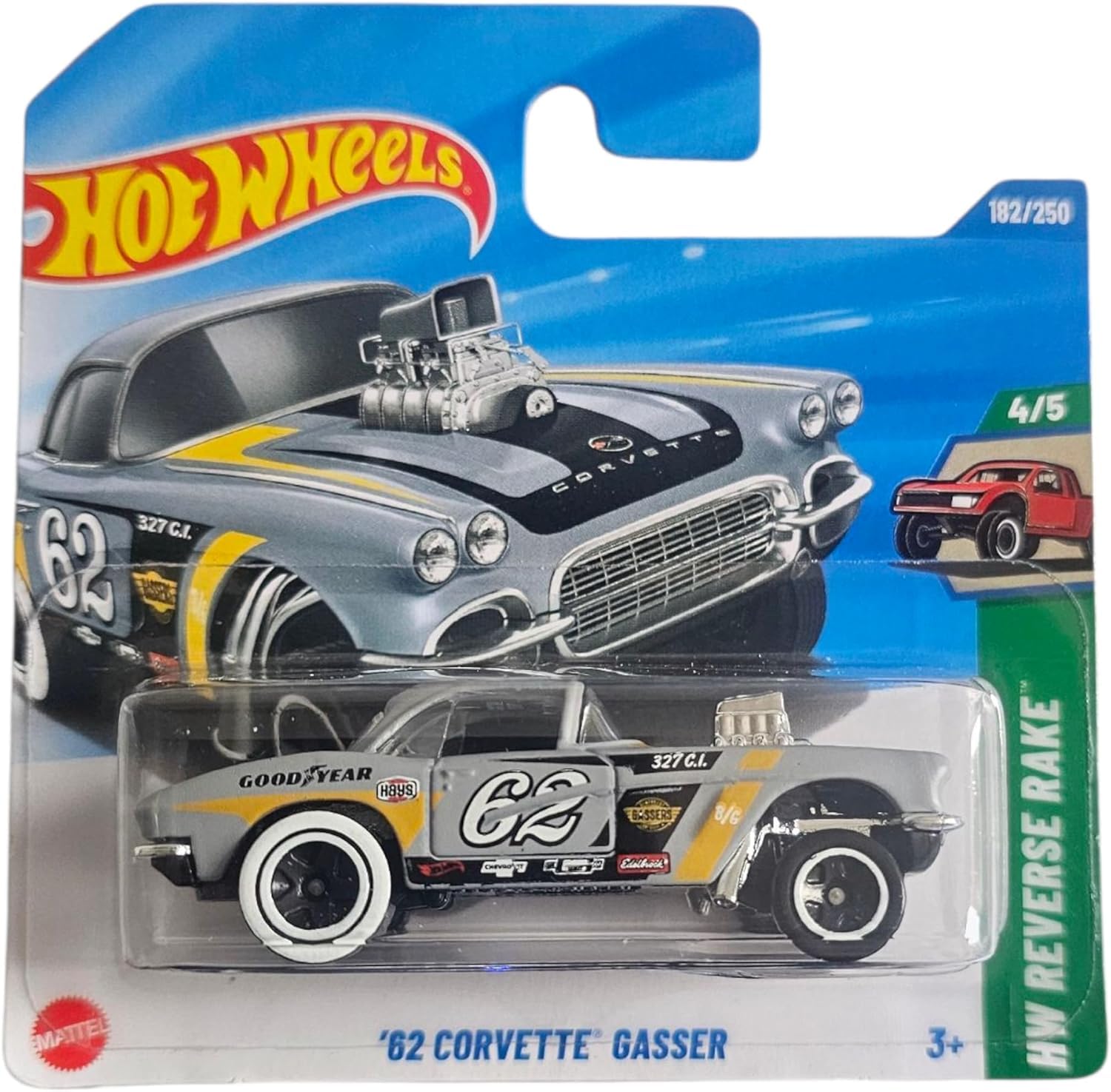 Hot Wheels '62 Corvette Gasser, Die-Cast Model Car, HW Reverse Race Collection, Grey, 1:64 Scale